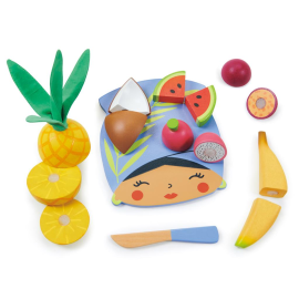 Tender Leaf Rollenspiel: SCHNEIDEBRETT Tropical Fruits 15x17x7cm, Holz, in Box, 2+ Spielzeug