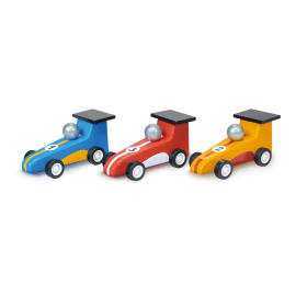 Mentari-Fahrzeuge: FEEDBACK-RENNWAGEN 9x4,2x4,1cm, 3 Stück, Holz, im Karton, 3+ 