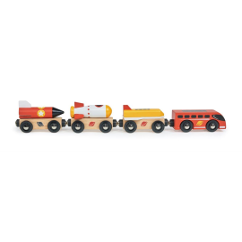Mentari-Zugset: RAUMZUG 35x4x5,5cm, mit Lokomotive und drei Waggons, mit abnehmbaren Raketen, magnetisch, aus Holz, im Karton, 1