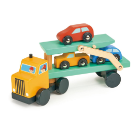 Mentari-Fahrzeuge: AUTOTRANSPORTER mit 3 AUTOS 25x7x13cm, Holz, im Karton, 3+ 