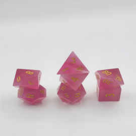 Semi Precious Stone Dice - Set of 7 dice with metal box - Cat's eyes - Pink 