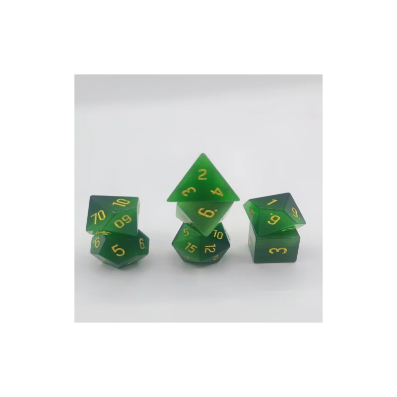 Semi Precious Stone Dice - Set of 7 dice with metal box - Cat's eyes - Green 