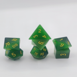 Semi Precious Stone Dice - Set of 7 dice with metal box - Cat's eyes - Green 