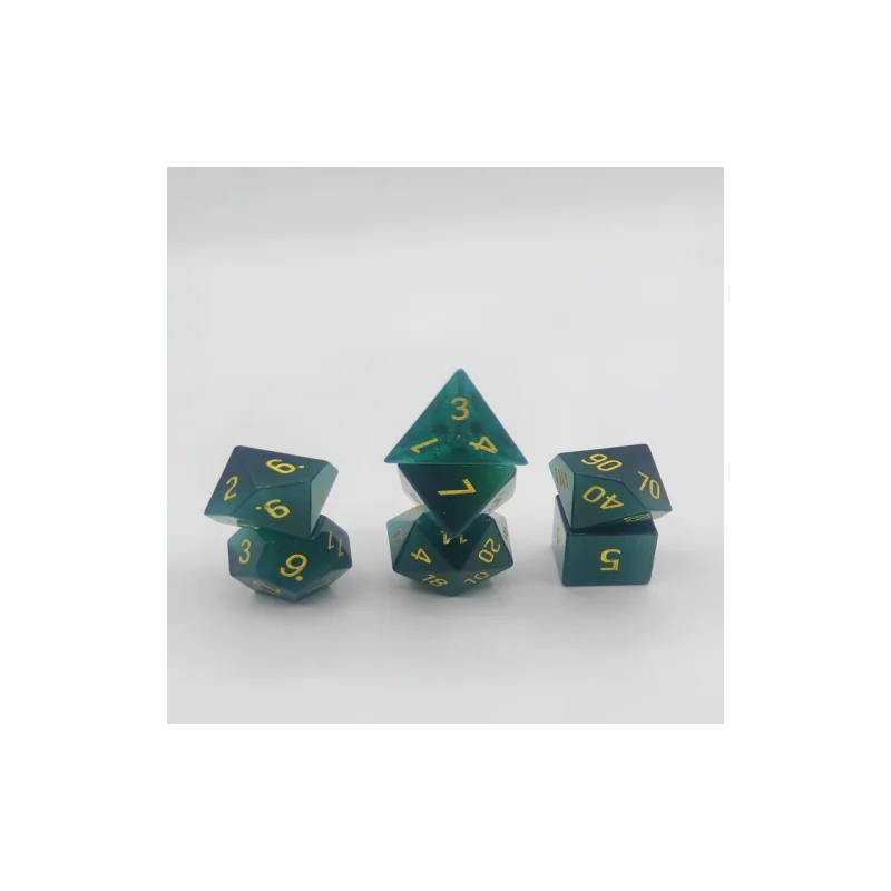 Semi Precious Stone Dice - Set of 7 dice with metal box - Cat's eyes - Black green 