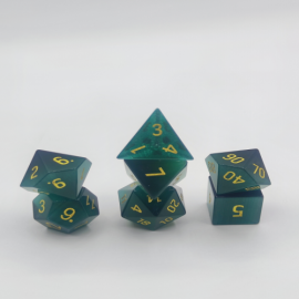 Semi Precious Stone Dice - Set of 7 dice with metal box - Cat's eyes - Black green 