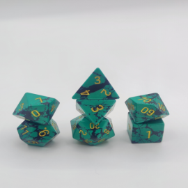 Semi Precious Stone Dice - Set of 7 dice with metal box - Synthetic - Black and Turquoise Blue 